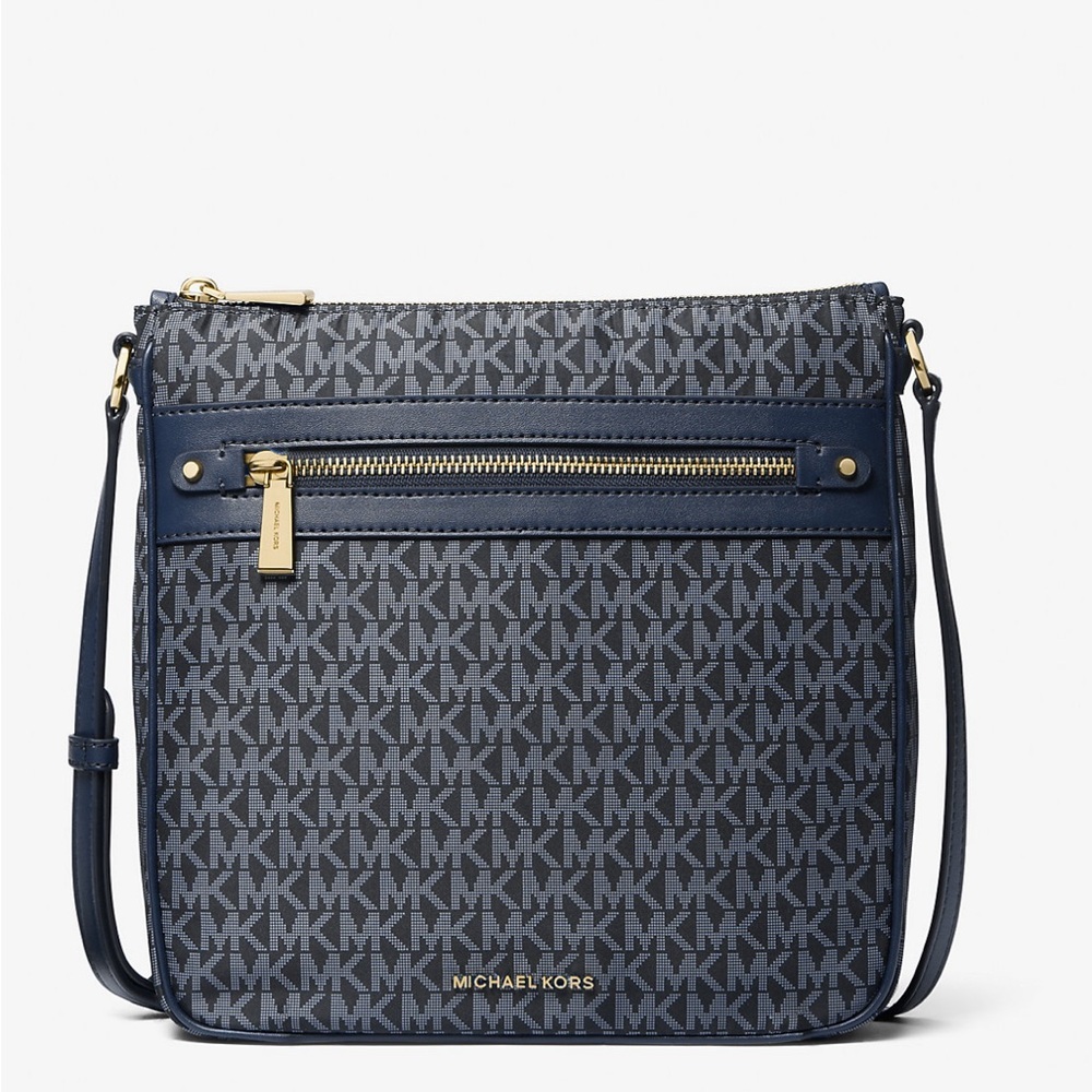 MICHAEL KORS Jet Set Signature Logo Print Woven Crossbody Navy Bag AUTHENTIC NWT